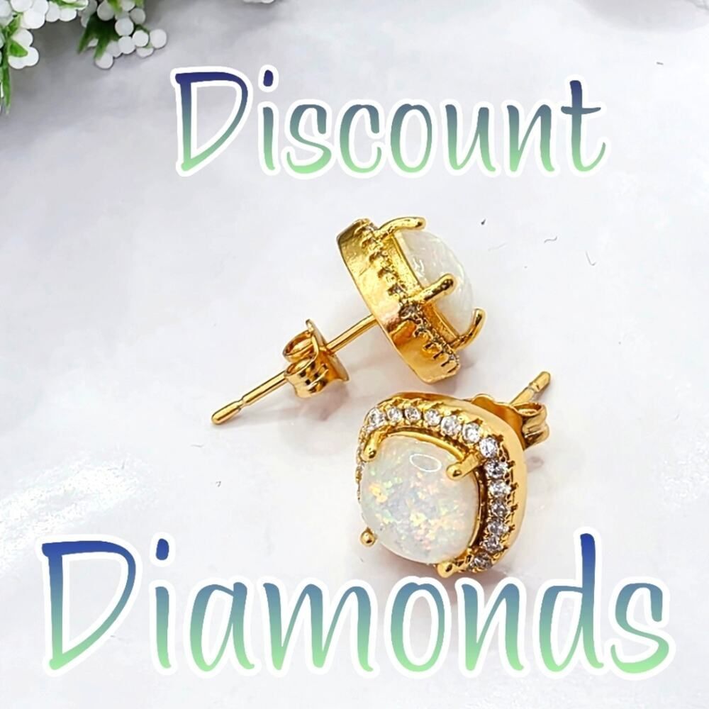 Fire Opal Stud Earrings & White Baguette Diamonds on 925 14K Gold 925 Silver